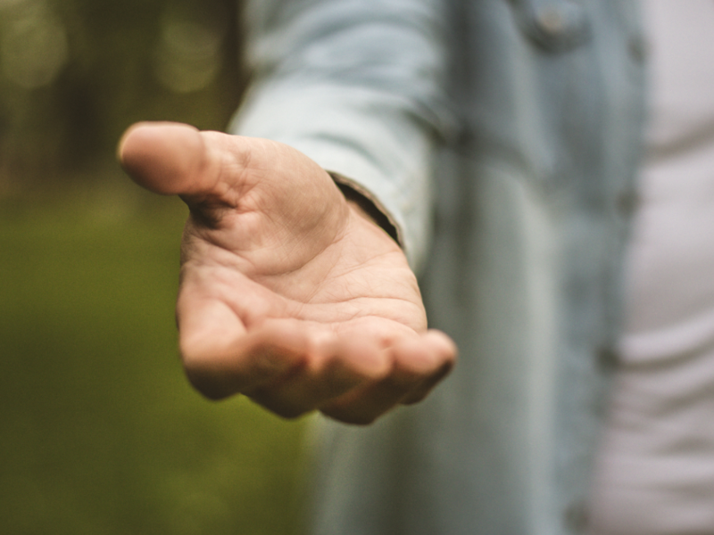 Im Hintergrund ist grüne Natur zu erkennen, im Fokus steht eine Person mit weißem T-Schirt und geöffnetem Jeanshemd, welche eine helfende Hand ausstreckt.