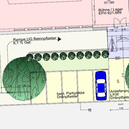 Ausschnitt aus einem Bebabbungsplan, mit eingezeichneten Grundstücksgrenzen, Parkplätzen, Bäumen, Bepflanzung