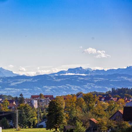 Landschaft mit Aussicht auf die Berge, dahinter ein blauer, leicht bewölkter Himmel. Im Vordergrund sind Grünflächen und Wohnbebauung zu erkennen.